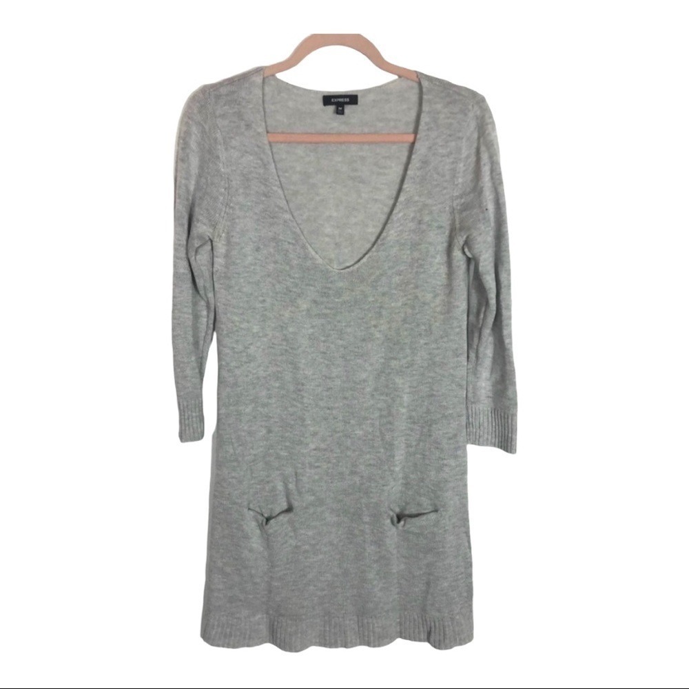 Express Gray Wool Blend V-Neck Knit Sweater Dress with‎ Pockets Womens Medium